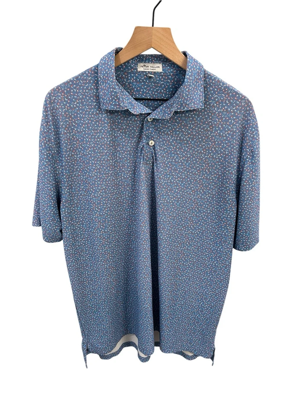 Peter Millar Summer Comfort Polo Shirt Blue Print Performance Golf Size L